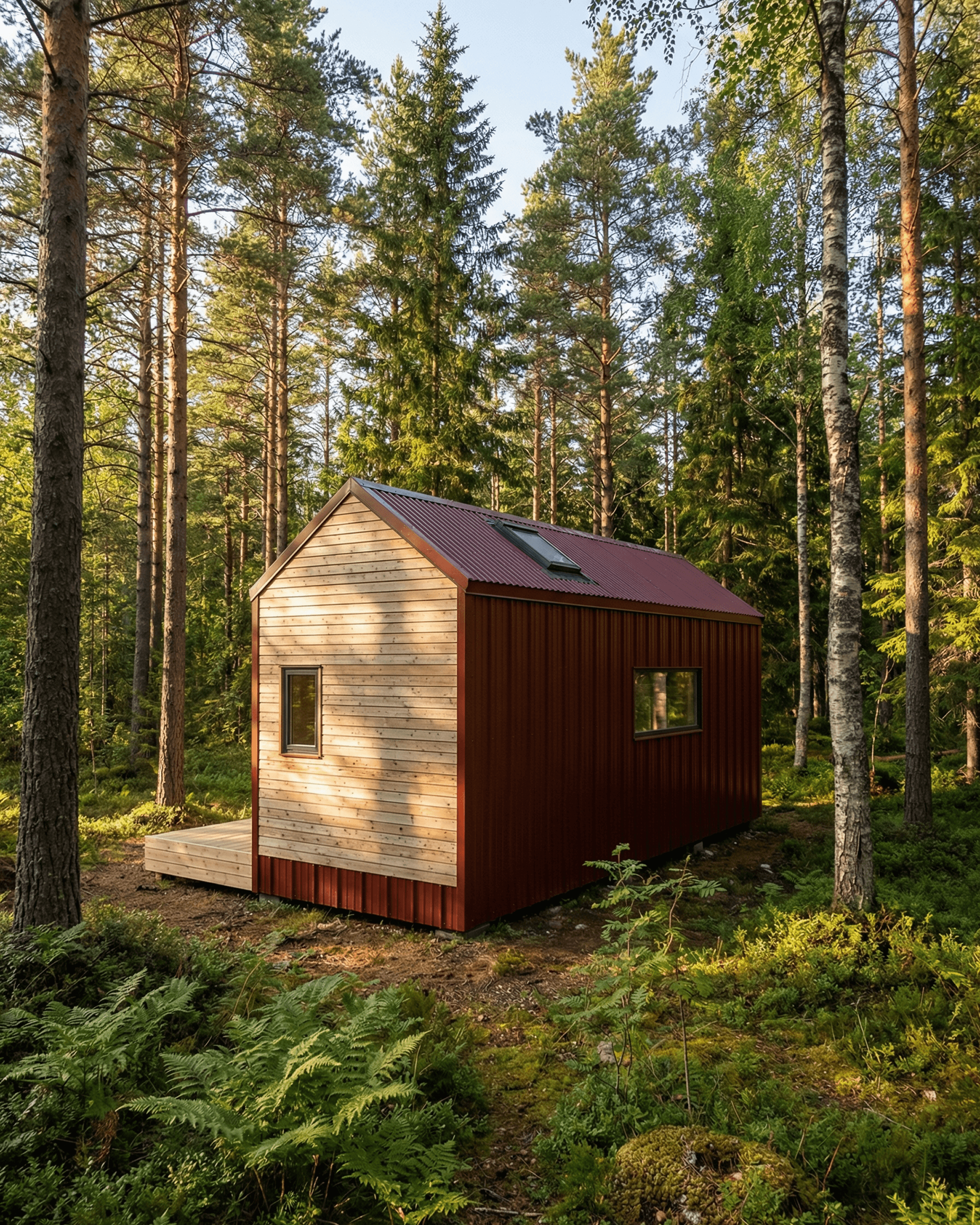 Modern cabin design with red corrugated metal cladding and timber gable end, featuring a skylight and compact footprint, set in a forest — ideal inspiration for a small cabin plan.