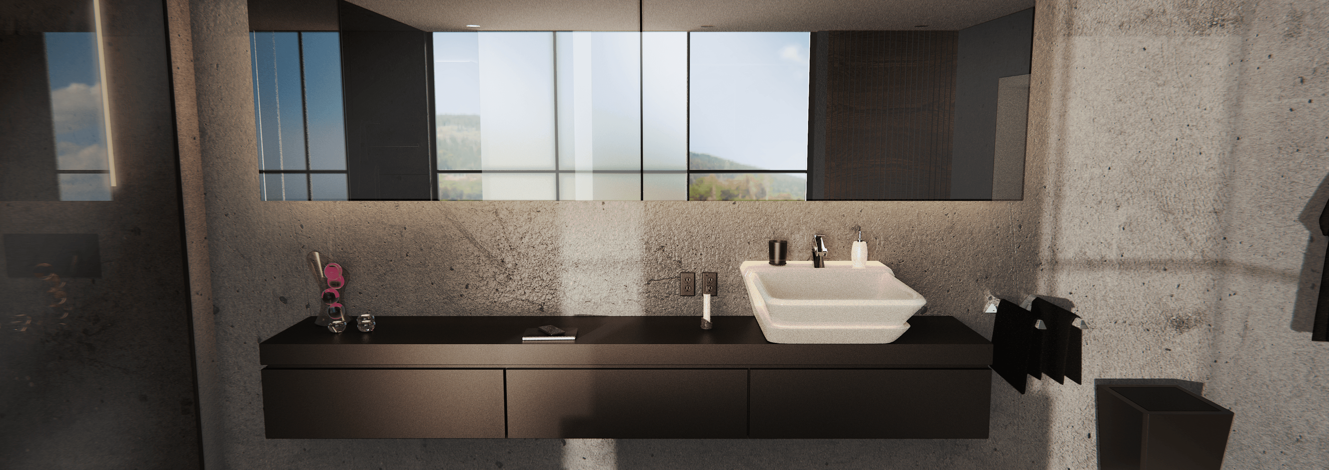 Bathroom render scene showing a slightly warm lit bathroom during the day, focusing on the washbasin, faucet and towel holder from the Kane bathroom accessories collection, with a full front view of the washbasin.