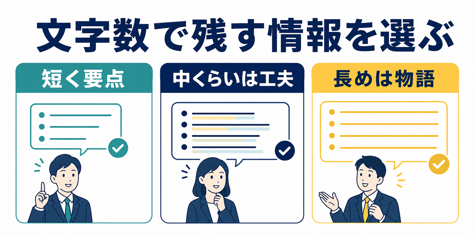 長所の例文を文字数や回答時間に合わせて調整する考え方の図