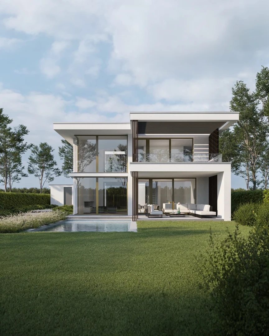 Villa B frontal Gartenansicht