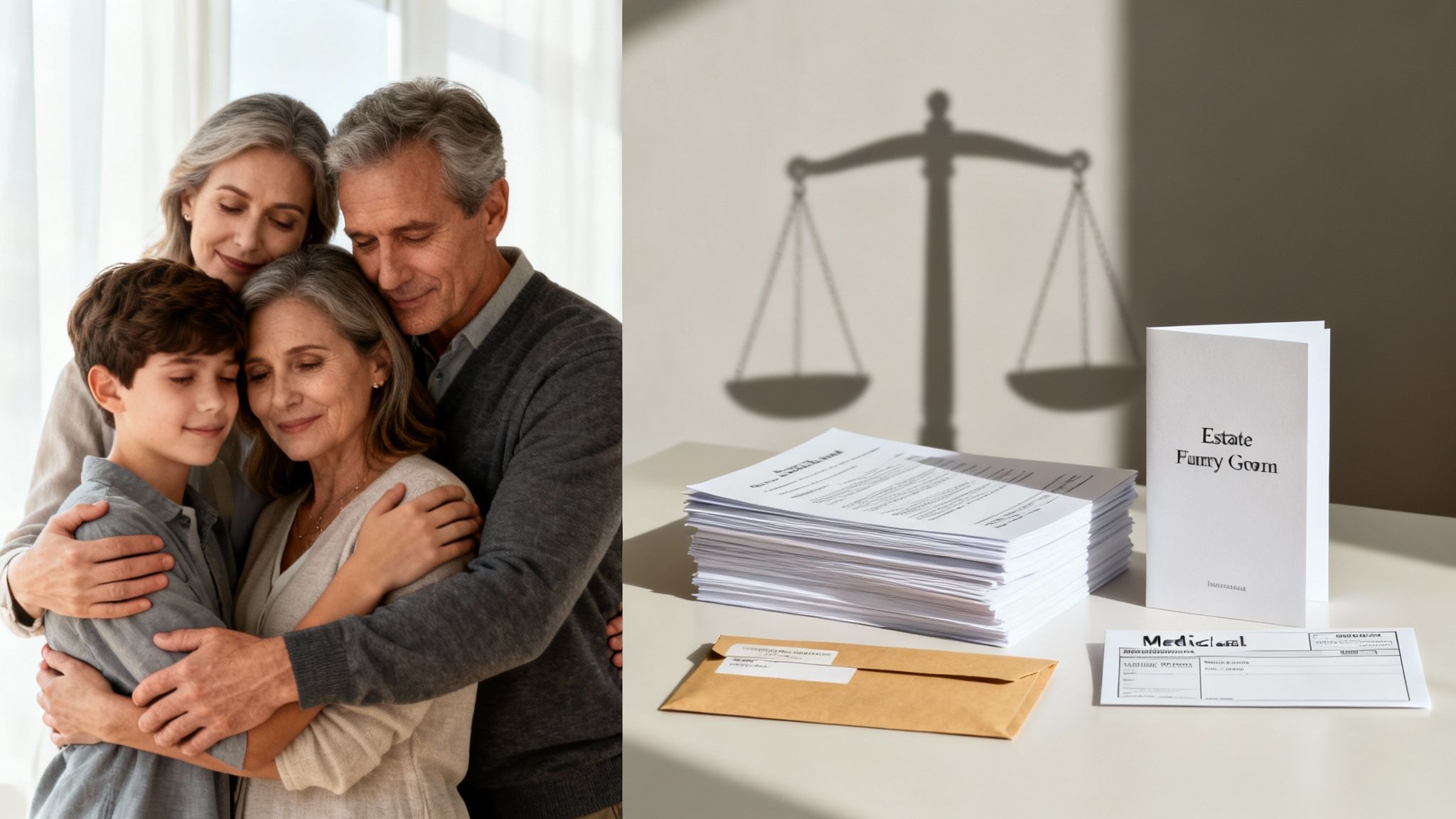 A loving multi-generational family embracing, alongside legal documents, an envelope, and a scale of justice shadow.