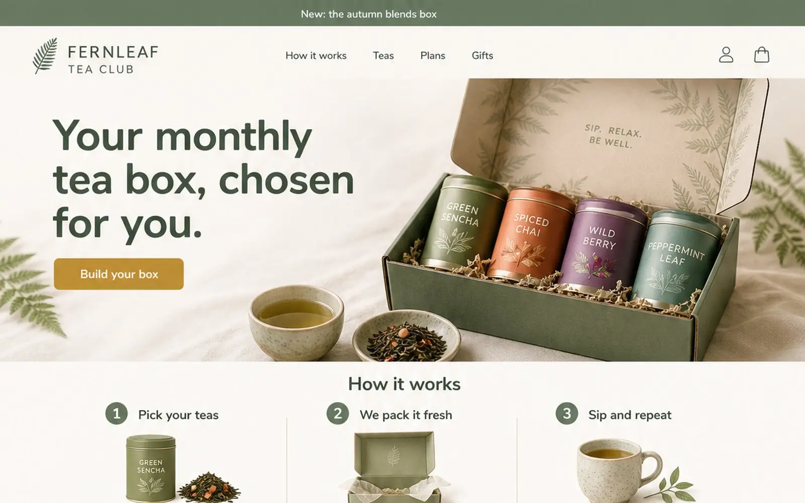 Shopify homepage design for Fernleaf Tea Club, an example tea subscription store