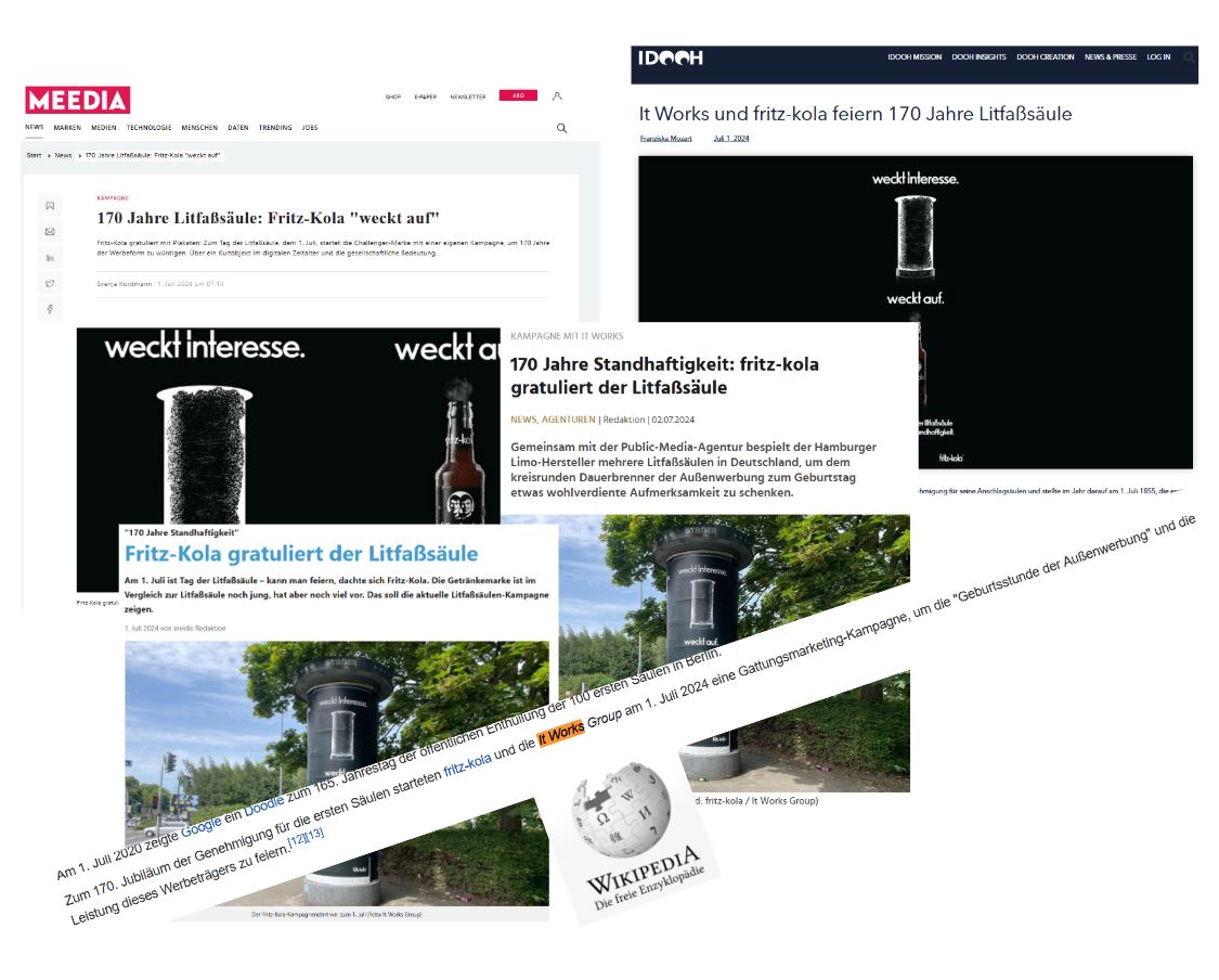 Fritz-Kola feiert 170 Jahre Litfaßsäule mit Kampagne, Innovation in Außenwerbung.