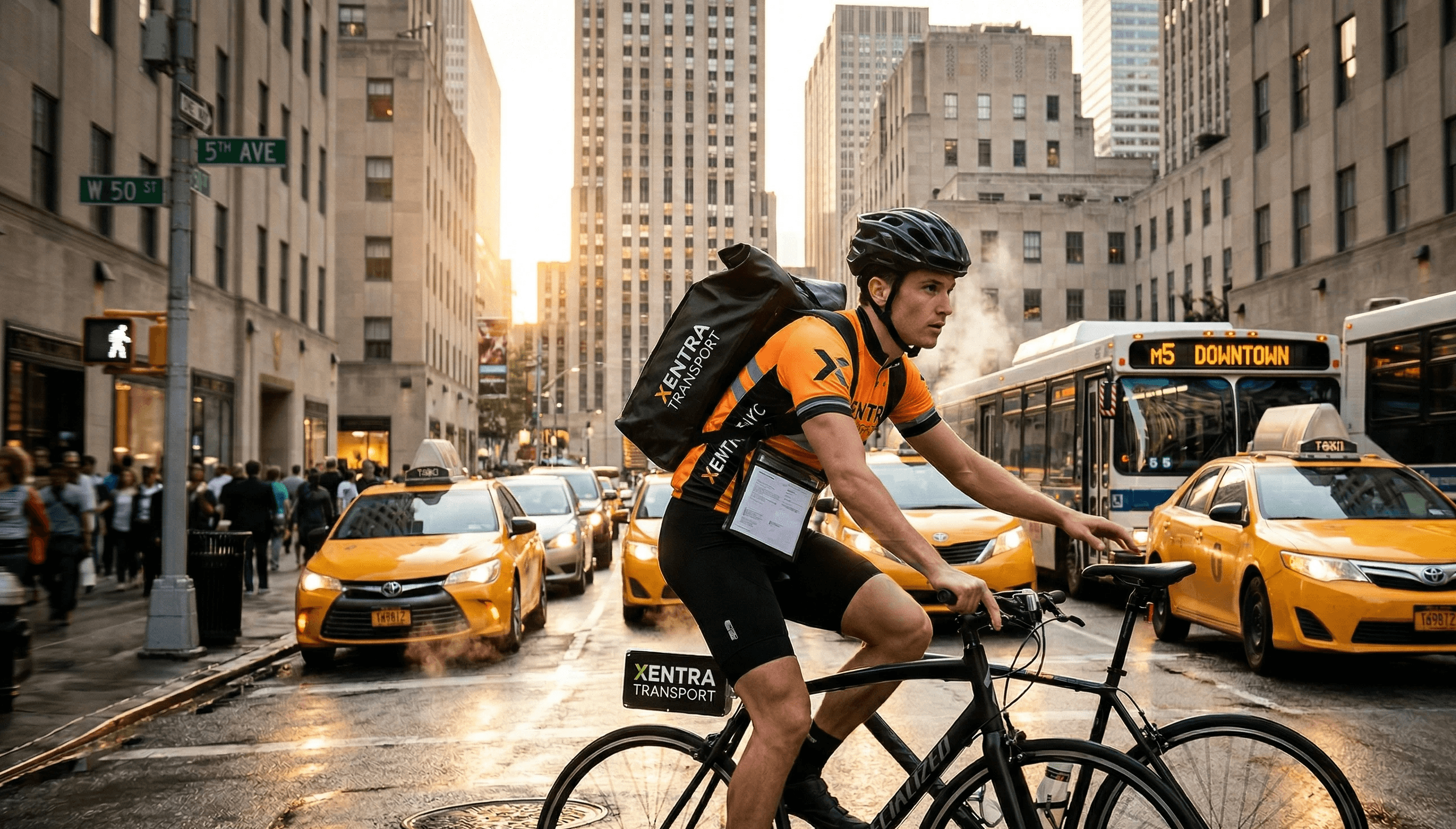 Xentra Transport bike messenger service NYC delivering through Manhattan traffic