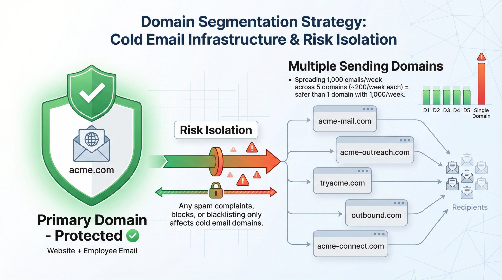 Visual diagram showing domain segmentation strategy with primary corporate domain protected and multiple cold email sender domains distributed for risk mitigation