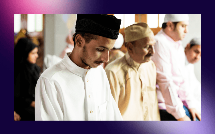 Muslim men and women in congregational prayer.
