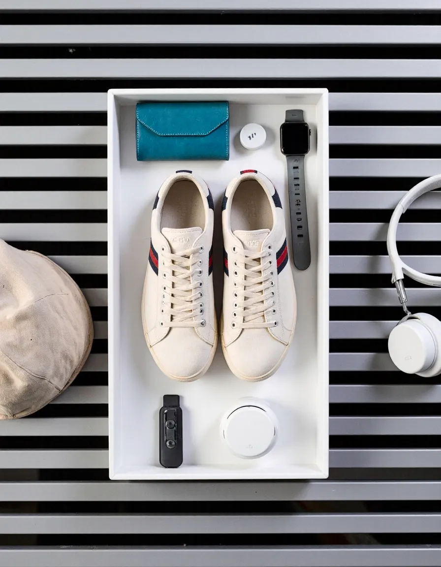 Minimalist still life featuring white sneakers, smartwatch, teal wallet and headphones arranged on a white tray against striped background