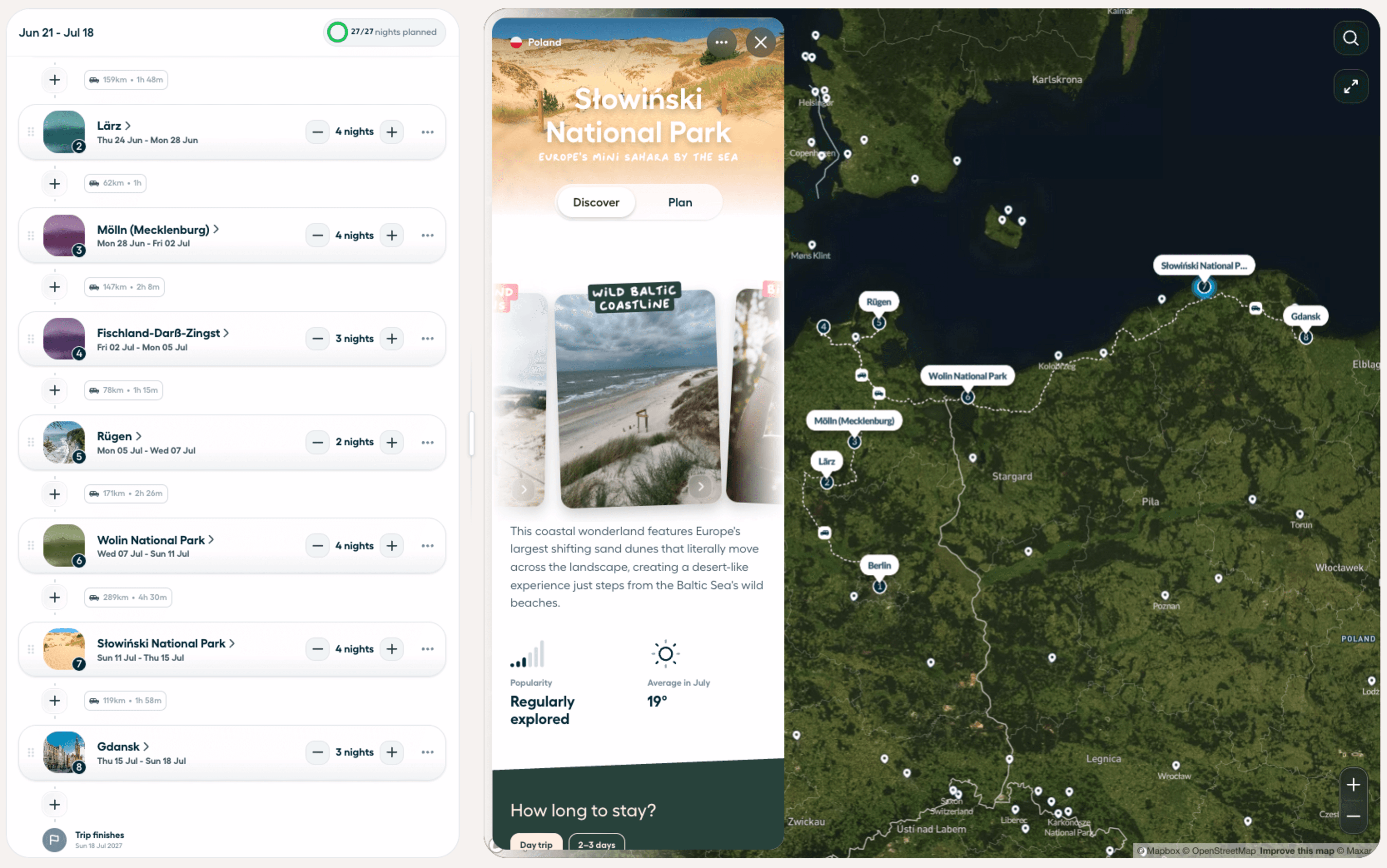 Polarsteps Trip Planner showing a route along Germany and Poland’s Baltic coast, with destination recommendations and an interactive map.