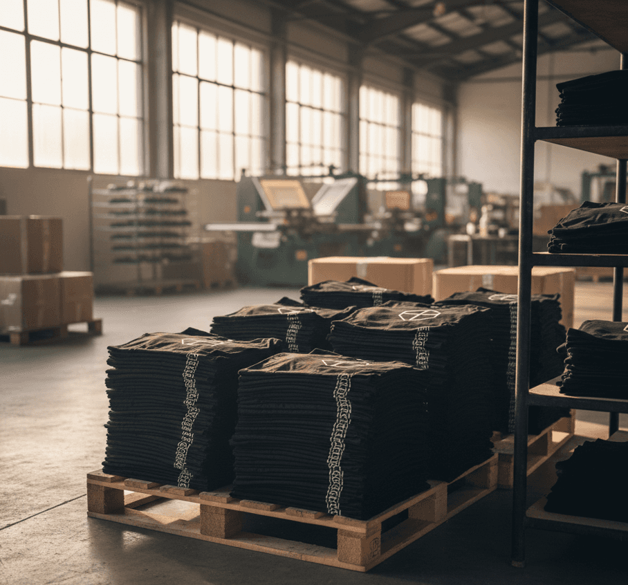 Folded screen printed t shirts on a pallet in the warehouse ready for boxing