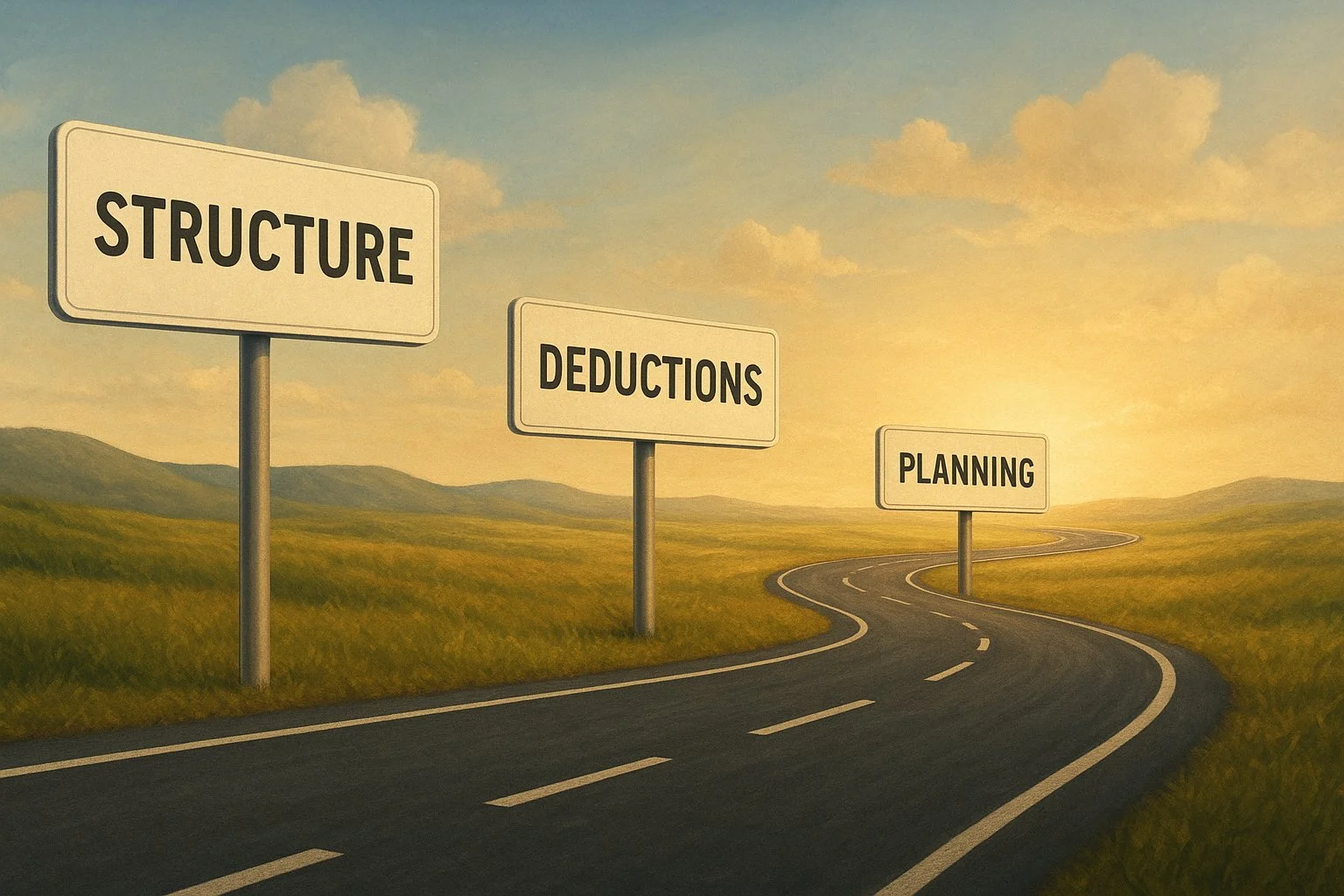 Illustration of a business roadmap with checkpoints labeled Structure, Deductions, and Planning, leading toward a bright horizon symbolizing long-term success.
