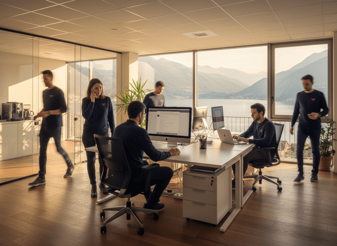 gruppo di ragazzi che lavora in ufficio sul lago di como per conto di breva collections