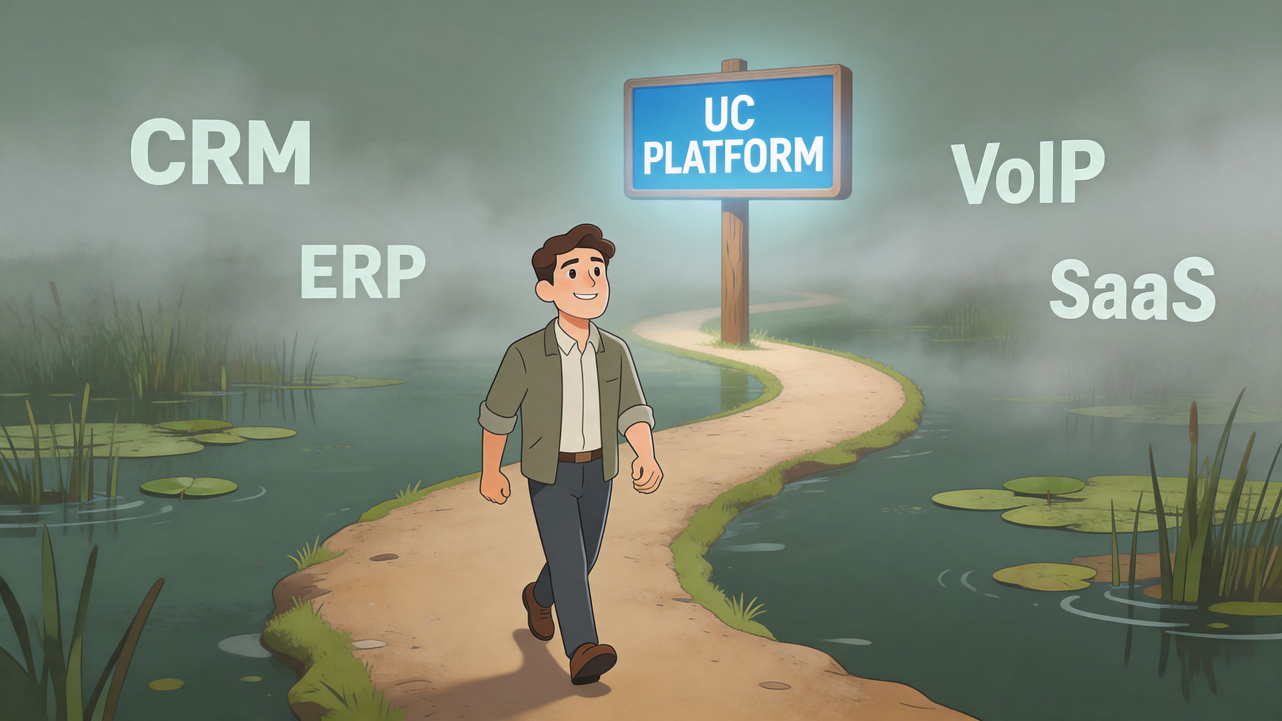 A happy man walks along a path towards a sign labeled UC Platform, surrounded by business technology concepts.