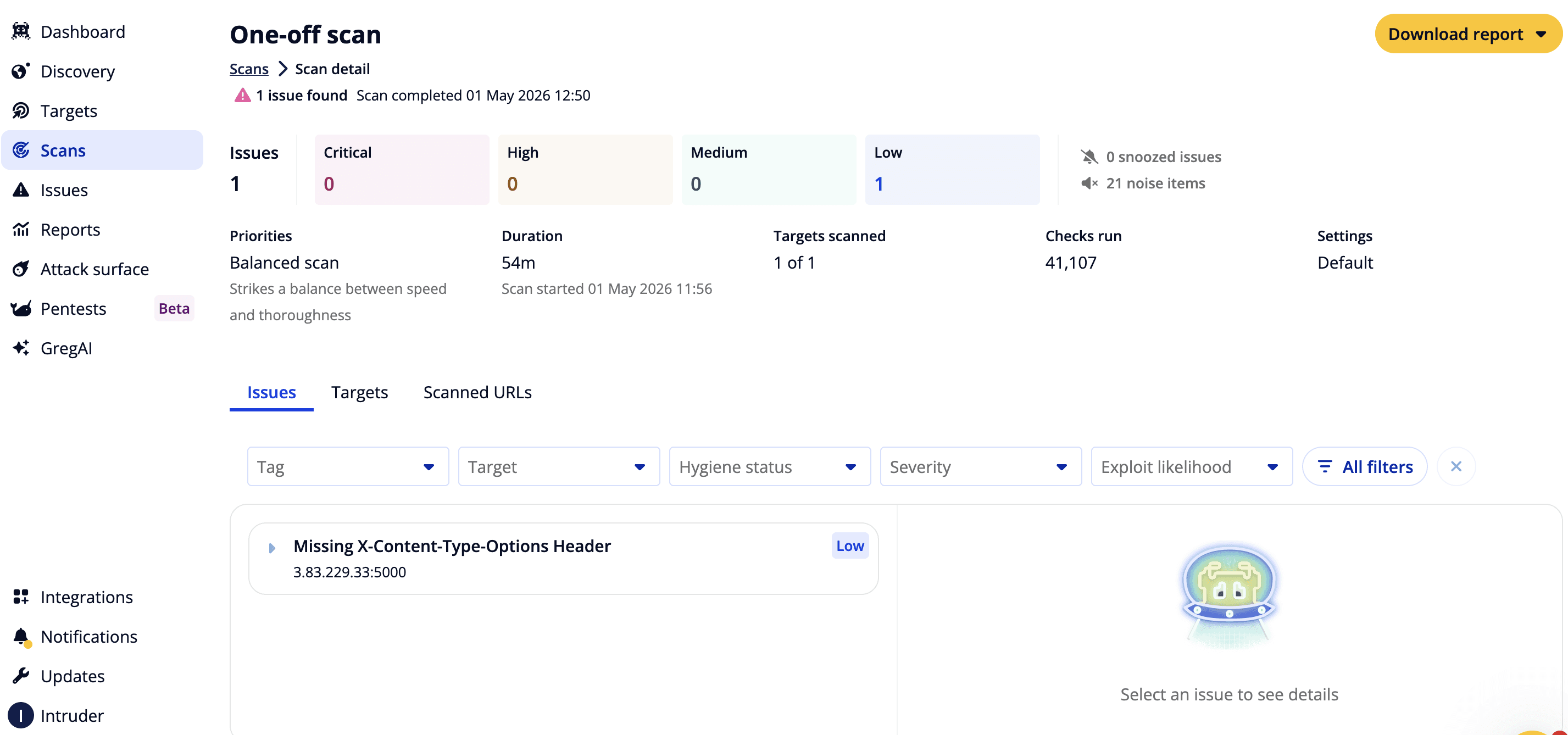 Intruder scan-detail view showing issue severity, checks run, target count, filters, and report export