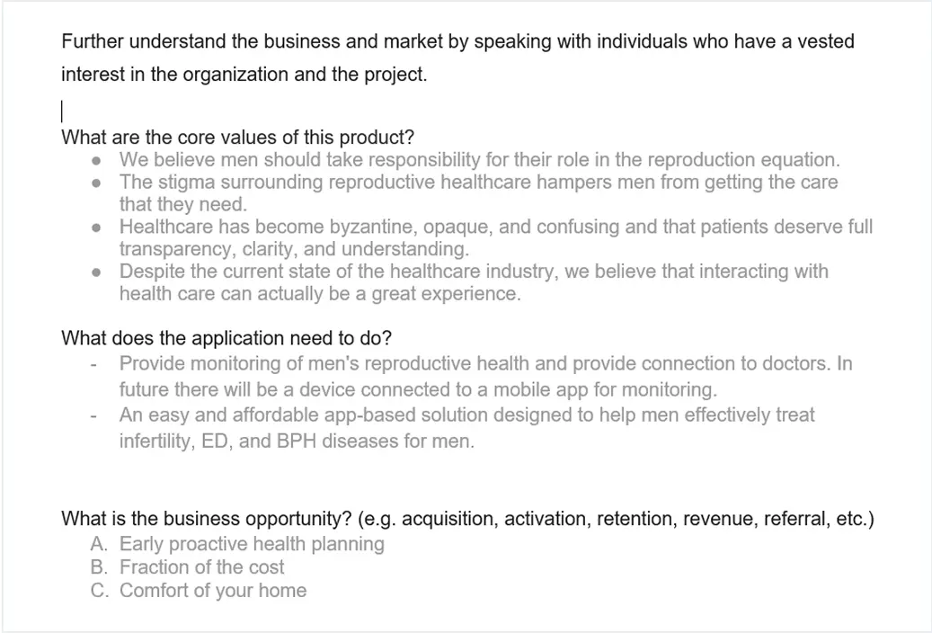 Project funcionalities screen