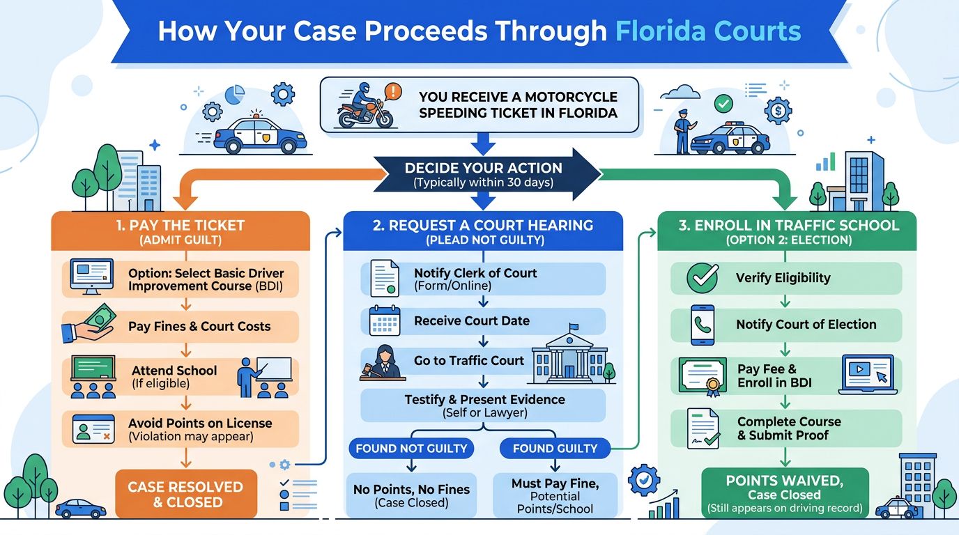 A flow chart explaining the legal process for handling a motorcycle speeding ticket in Florida courts.