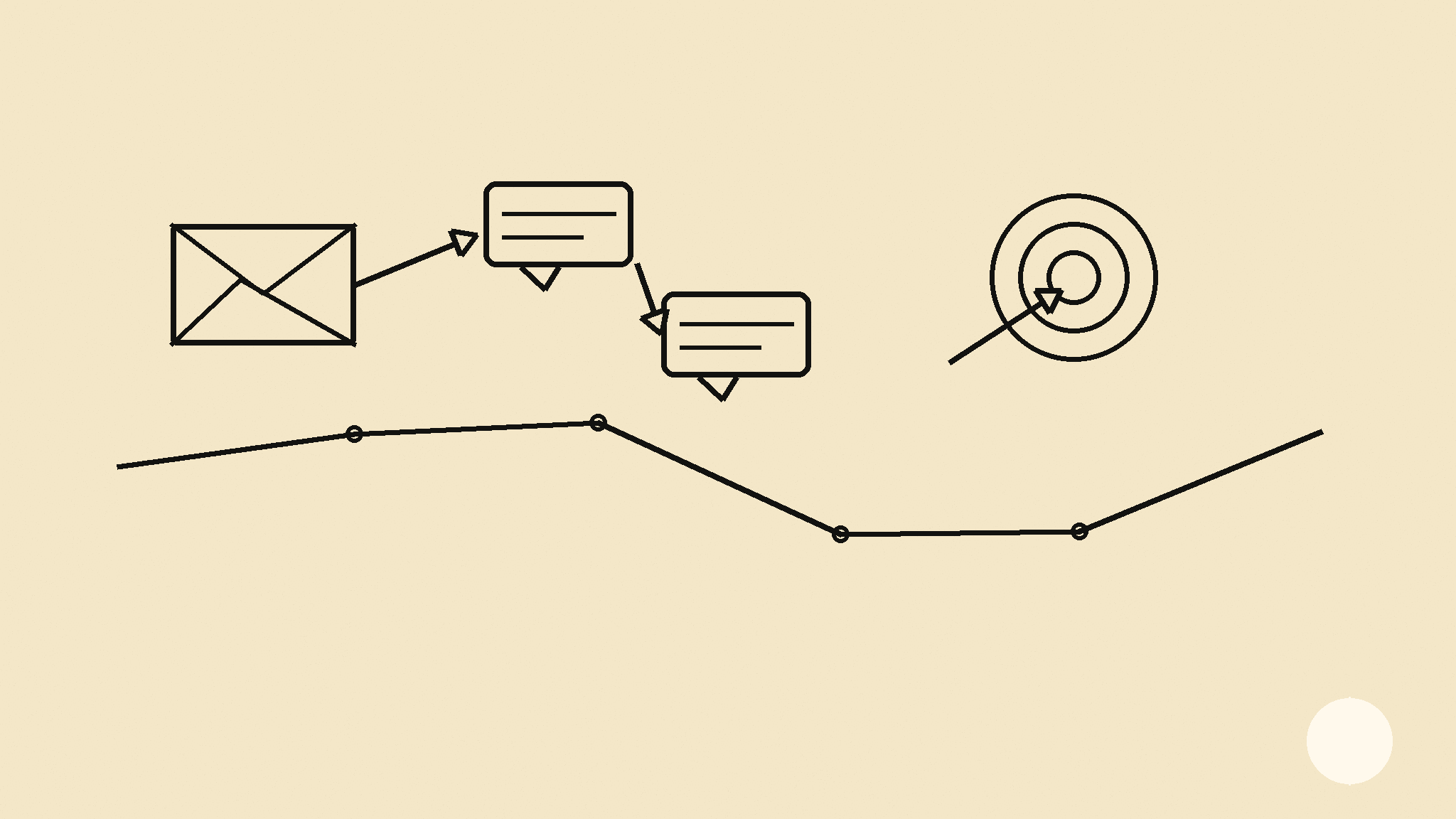 Editorial line drawing of envelopes, speech bubbles, and target marks on warm cream paper.