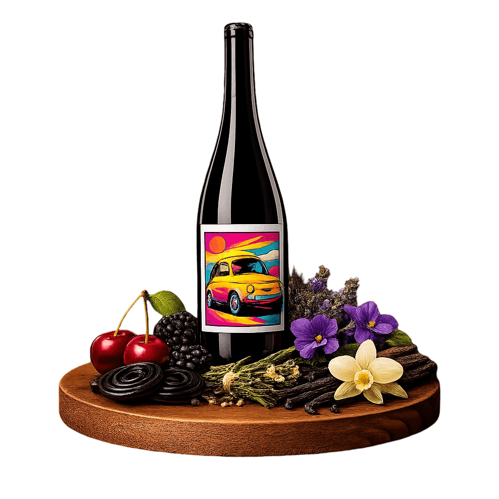 Artistic label and flavor profile for Northern Italy Barbera on a rustic wooden table.