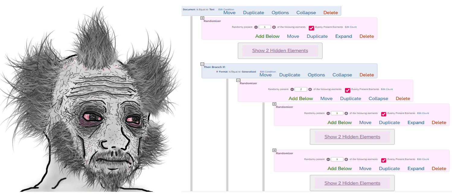 Meme of tired, red-eyed, messy-haired wojack looking at complicated survey logic on Qualtrics.