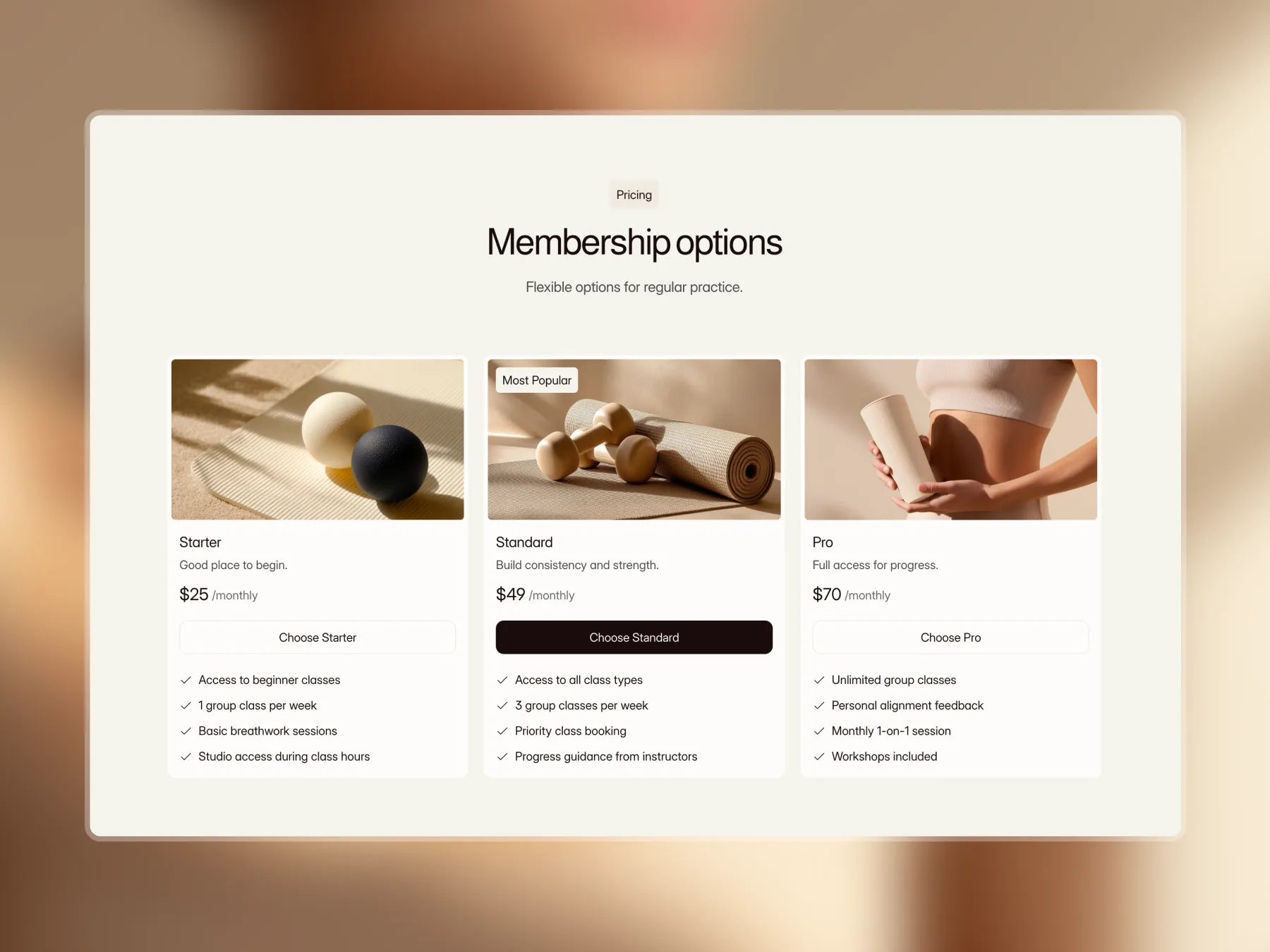 Yoga website membership pricing section with three structured plans, clear monthly pricing, and visible call to action buttons.