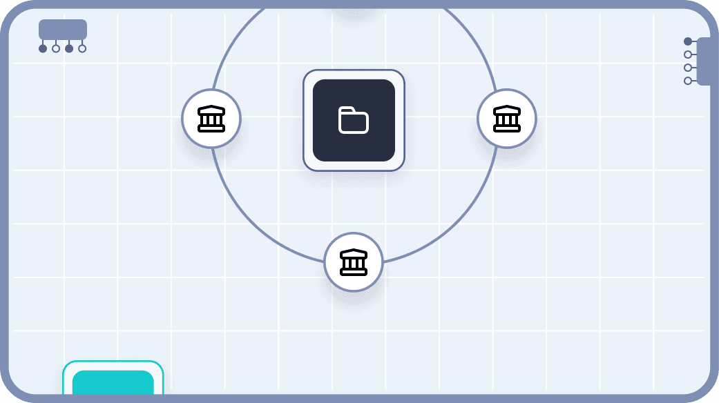 The image depicts a digital interface with a central folder icon connected to three smaller bank icons, all set against a light grid background, illustrating a concept of financial data management or integration.