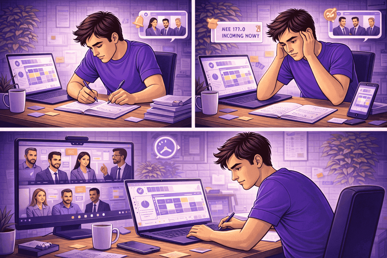 Employee trying to focus on work but constantly interrupted by unnecessary virtual meetings, illustrating loss of deep work and concentration