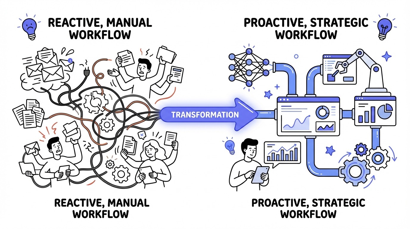 A diagram illustrating the shift from a reactive, manual content workflow to a proactive, strategic one. The left side shows chaotic elements like tangled wires and stressed figures, labeled 'Reactive, Manual Workflow'. The right side displays organized systems, AI icons, and calm figures, labeled 'Proactive, Strategic Workflow'. A glowing arrow connects the two, symbolizing transformation.