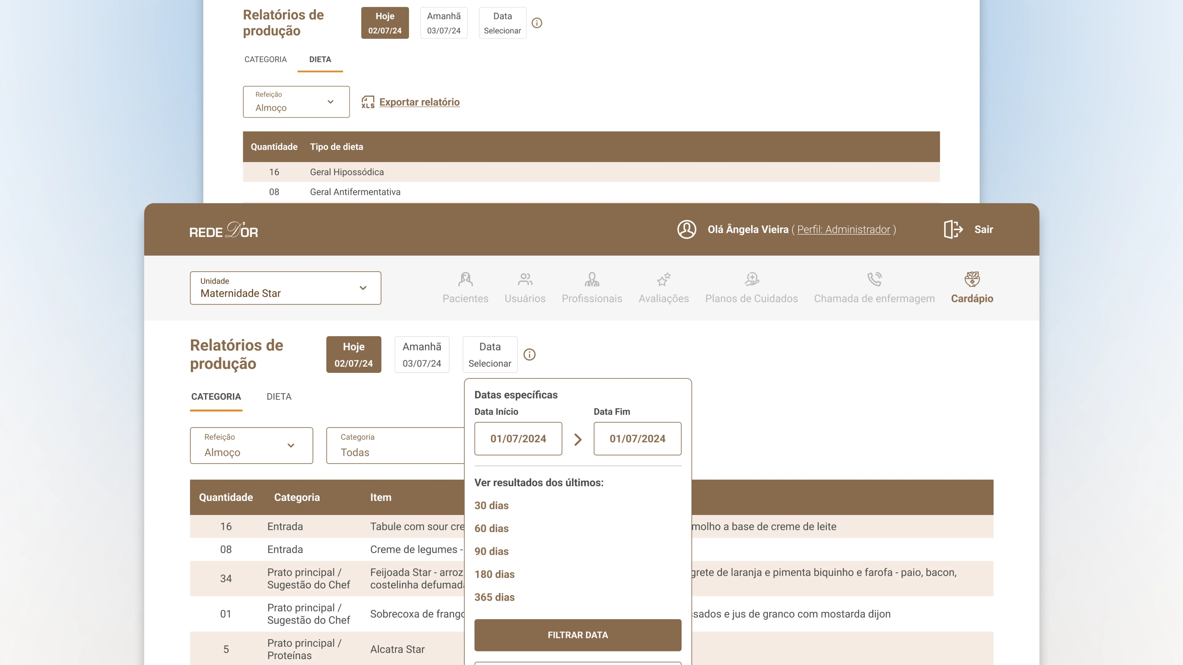 Reports system with overlaid time period selection modal, offering preset intervals from 30 to 365 days and custom filter