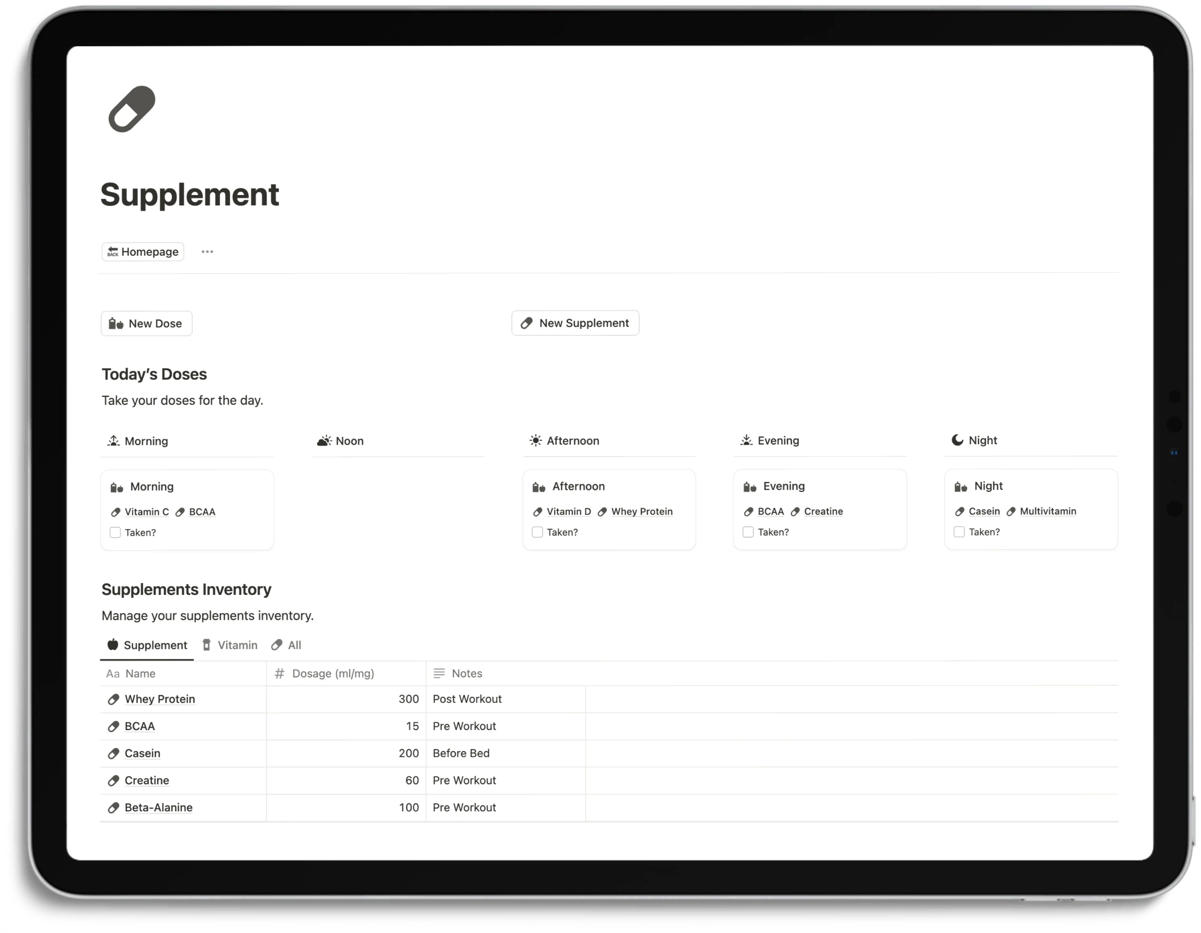 Notion Workout Tracker - Supplement