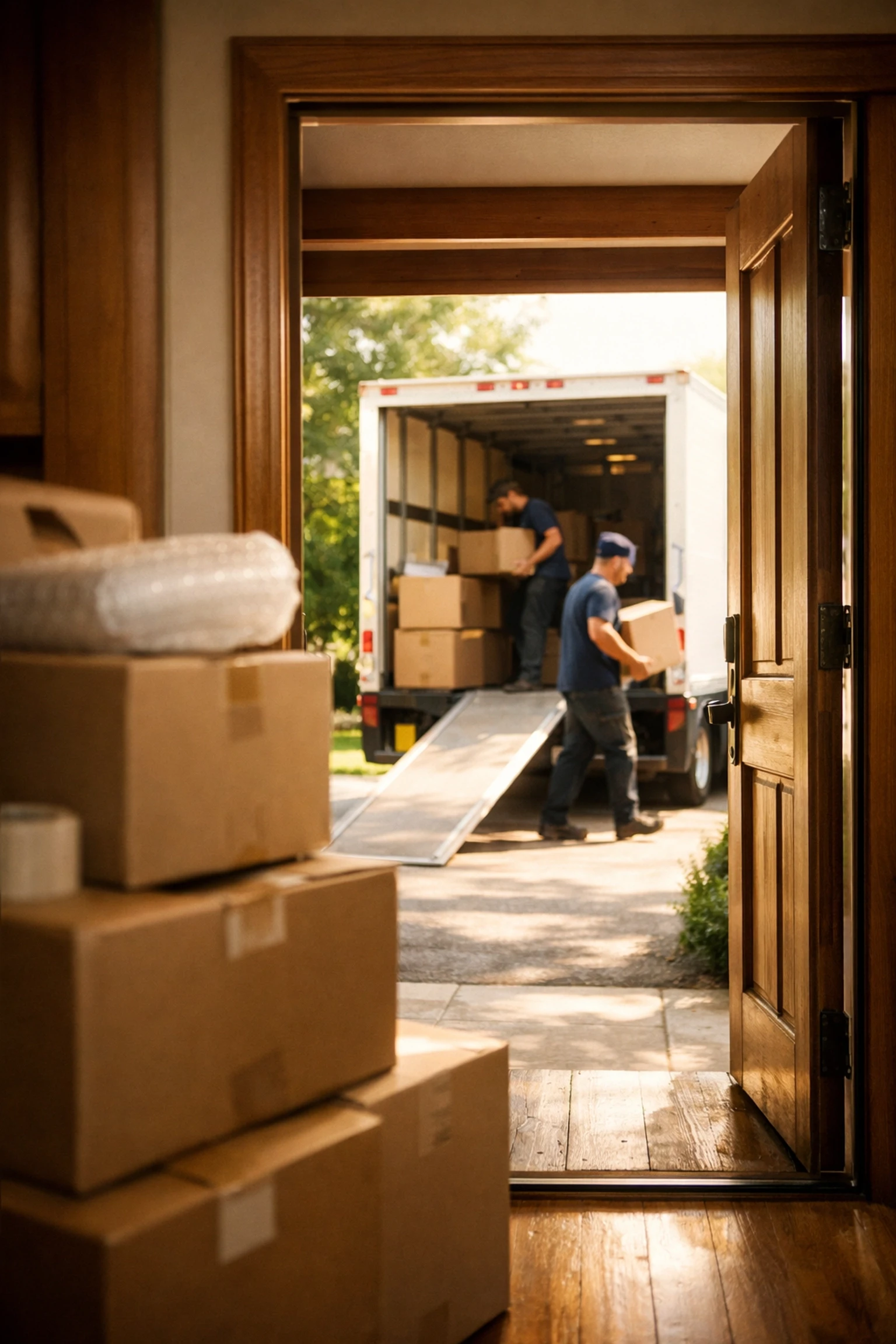 Moving boxes stacked inside home with moving truck parked in driveway