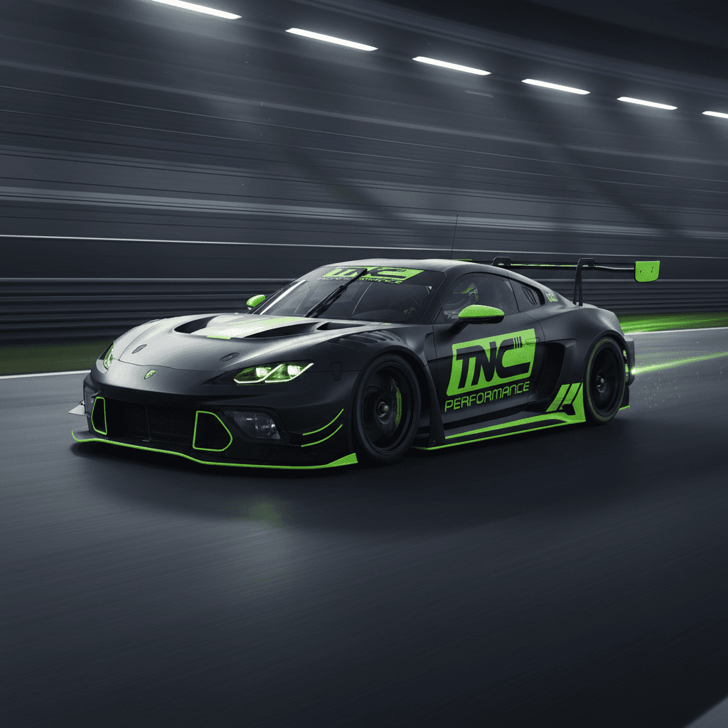 A modern green chair with a curved design and dark wooden legs against a dark background.