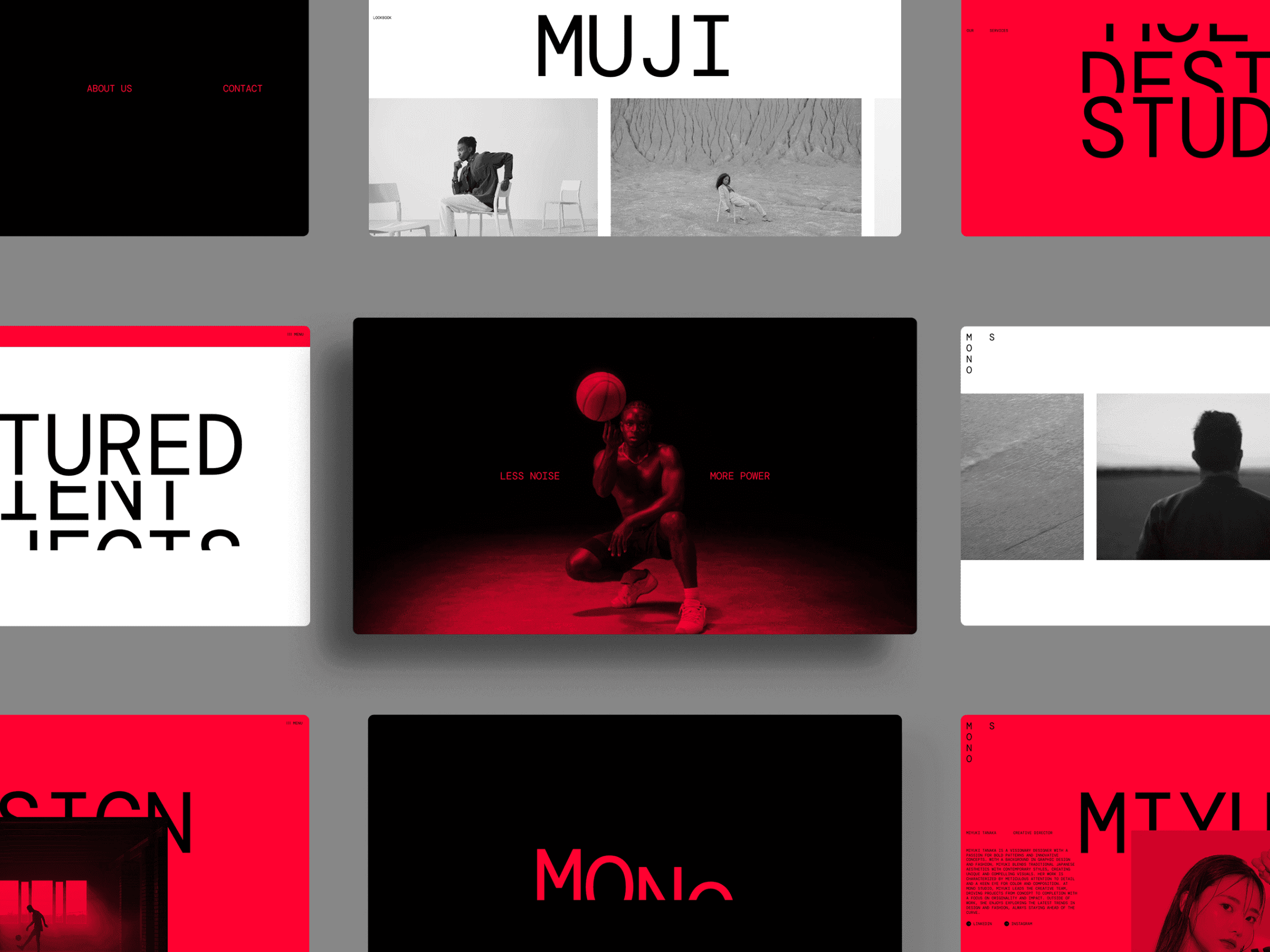 Swiss Mono one-page portfolio screens in black, white, and red