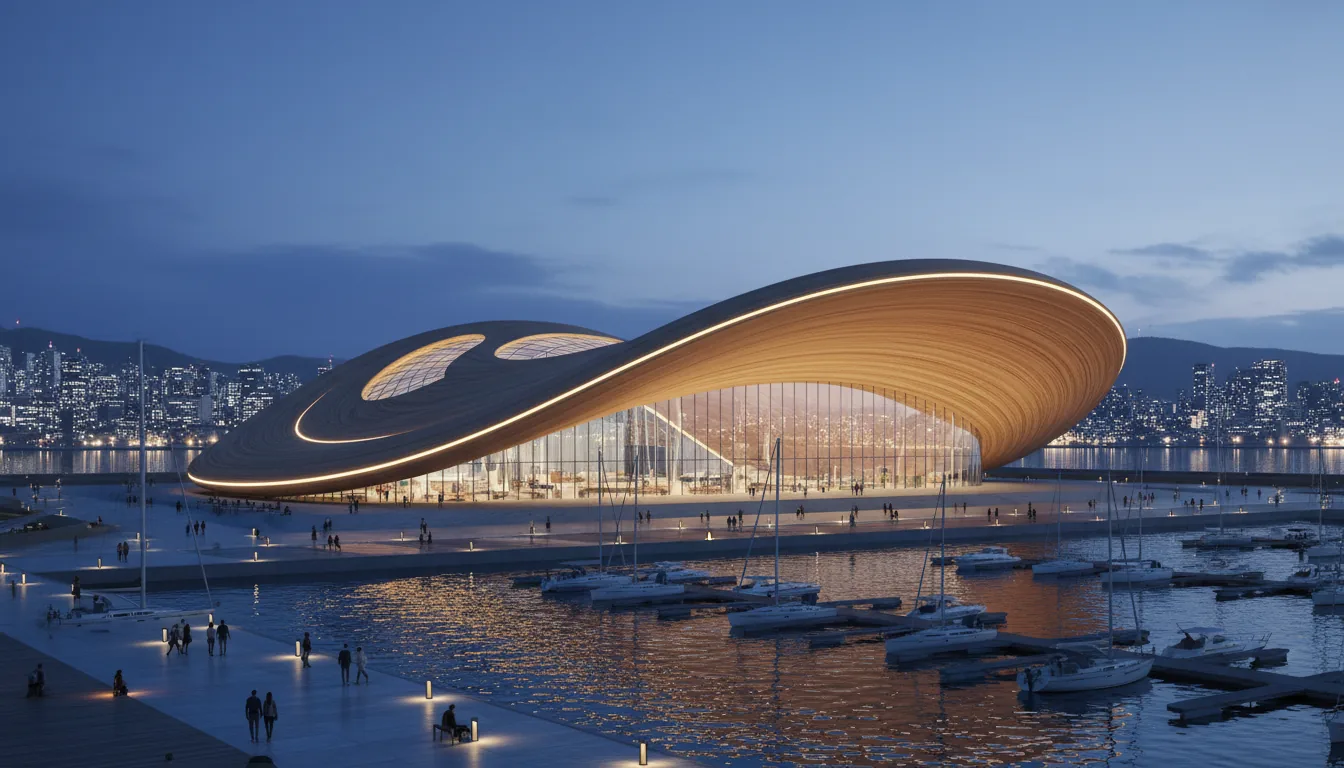 High-end architectural 3D render, Twinmotion style, of a futuristic waterfront pavilion next to a marina at blue hour. A massive, sweeping curved roof with a warm, slatted wood underside dominates the view, illuminated by a continuous golden light strip along its edge. The building features a modern glass facade reflecting the deep blue sky and the distant city skyline. In the foreground, a marina is filled with docked sailboats on calm, reflective water. The dock and a wide promenade are populated with small figures of people and illuminated by warm, integrated lighting. The background shows a city skyline with glowing windows set against distant hills under a twilight sky with soft clouds. Photorealistic quality, soft global illumination, wide-angle perspective, ultra-detailed, cinematic contrast.