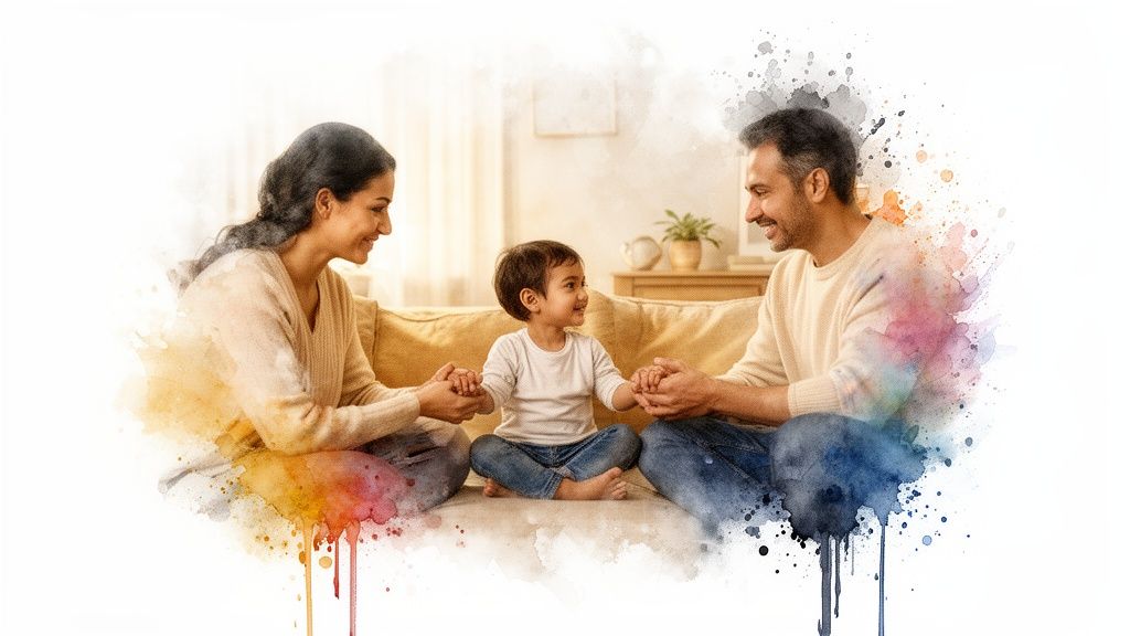 A happy family of three sits on a sofa, holding hands and smiling, with a watercolor effect.