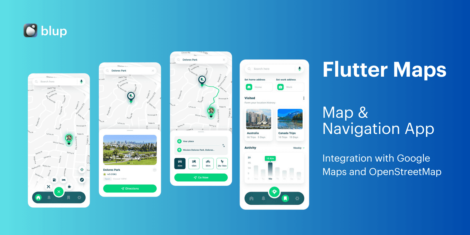 Flutter Maps displaying different map types and custom markers.