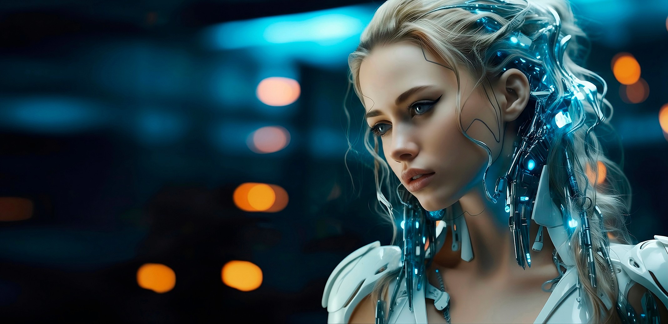 Close-up portrait of a blonde woman with futuristic blue glowing cybernetic hair enhancements