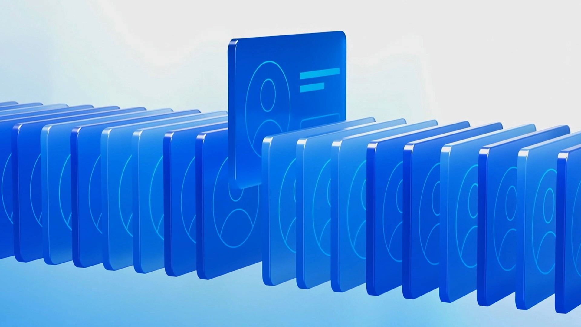 3D animation of blue interface cards arranged in a domino-like sequence