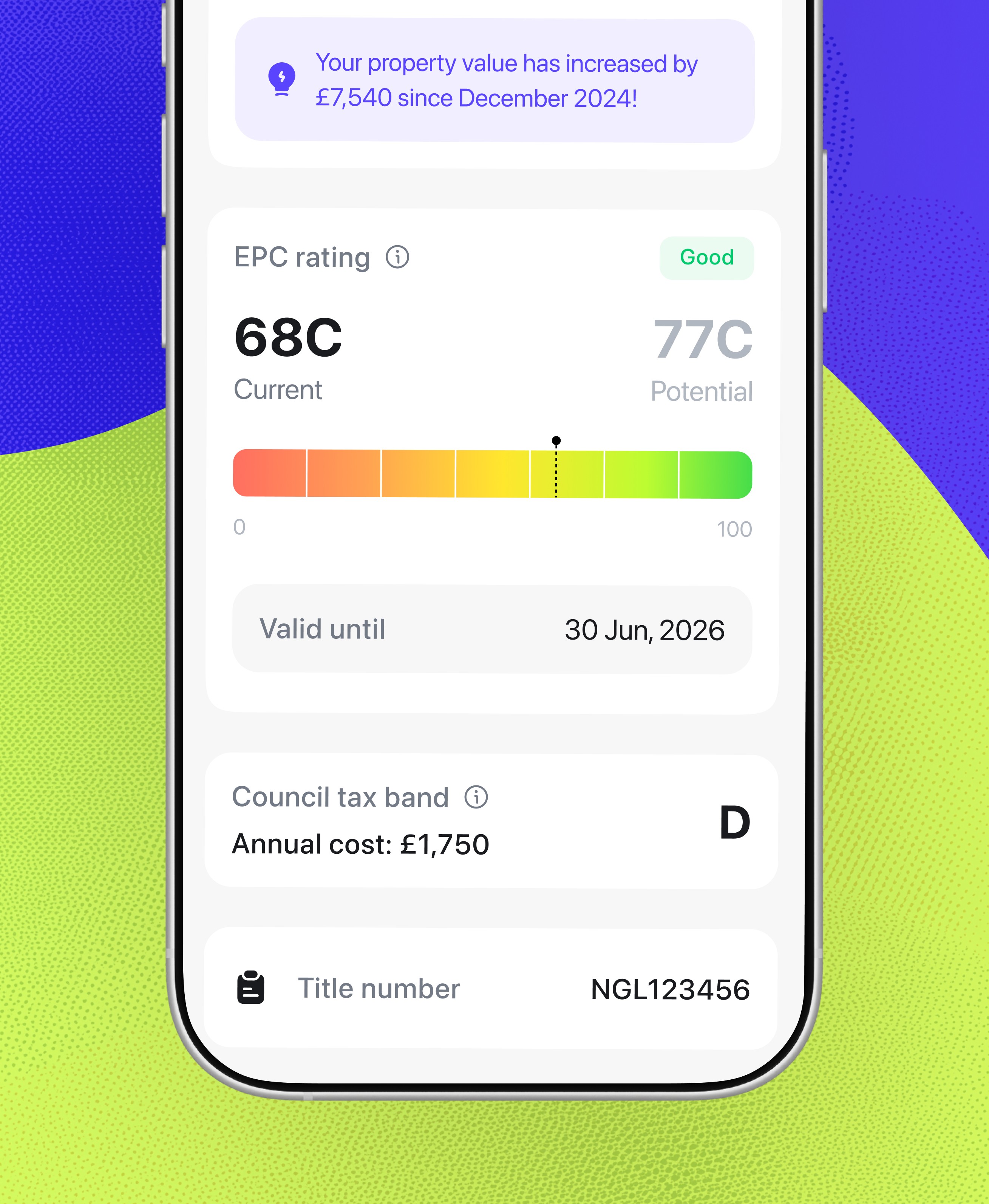 Property insights in August landlord app showing EPC rating 68C current and 77C potential, council tax band D at £1,750 per year, and Land Registry title number