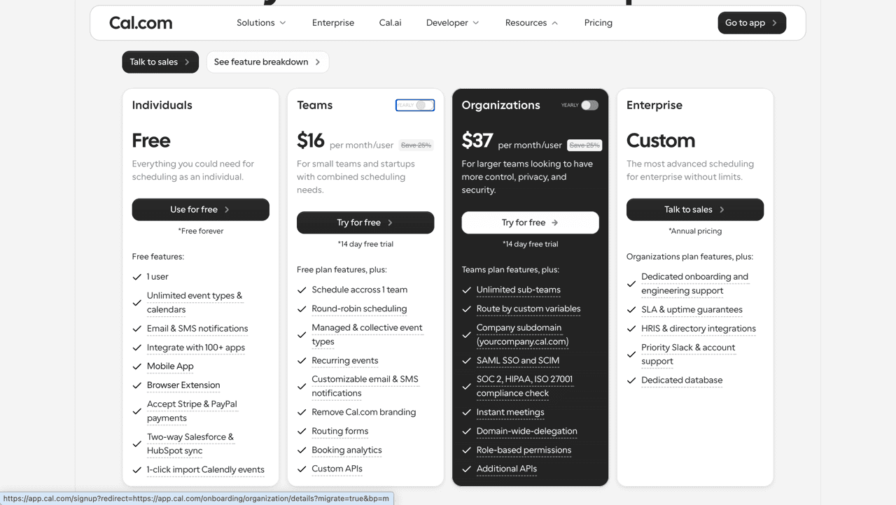 Cal.com pricing page showing subscription plans and feature comparisons