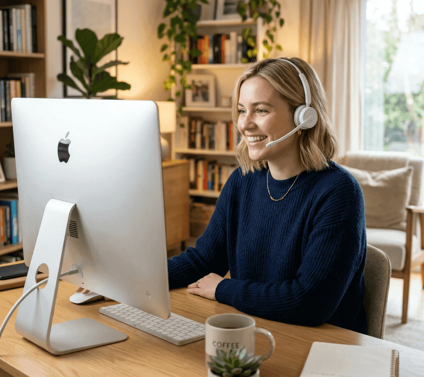 Eine Frau mit einem Headset arbeitet an einem Computer in einem gemütlichen Homeoffice mit Pflanzen und natürlichem Licht.