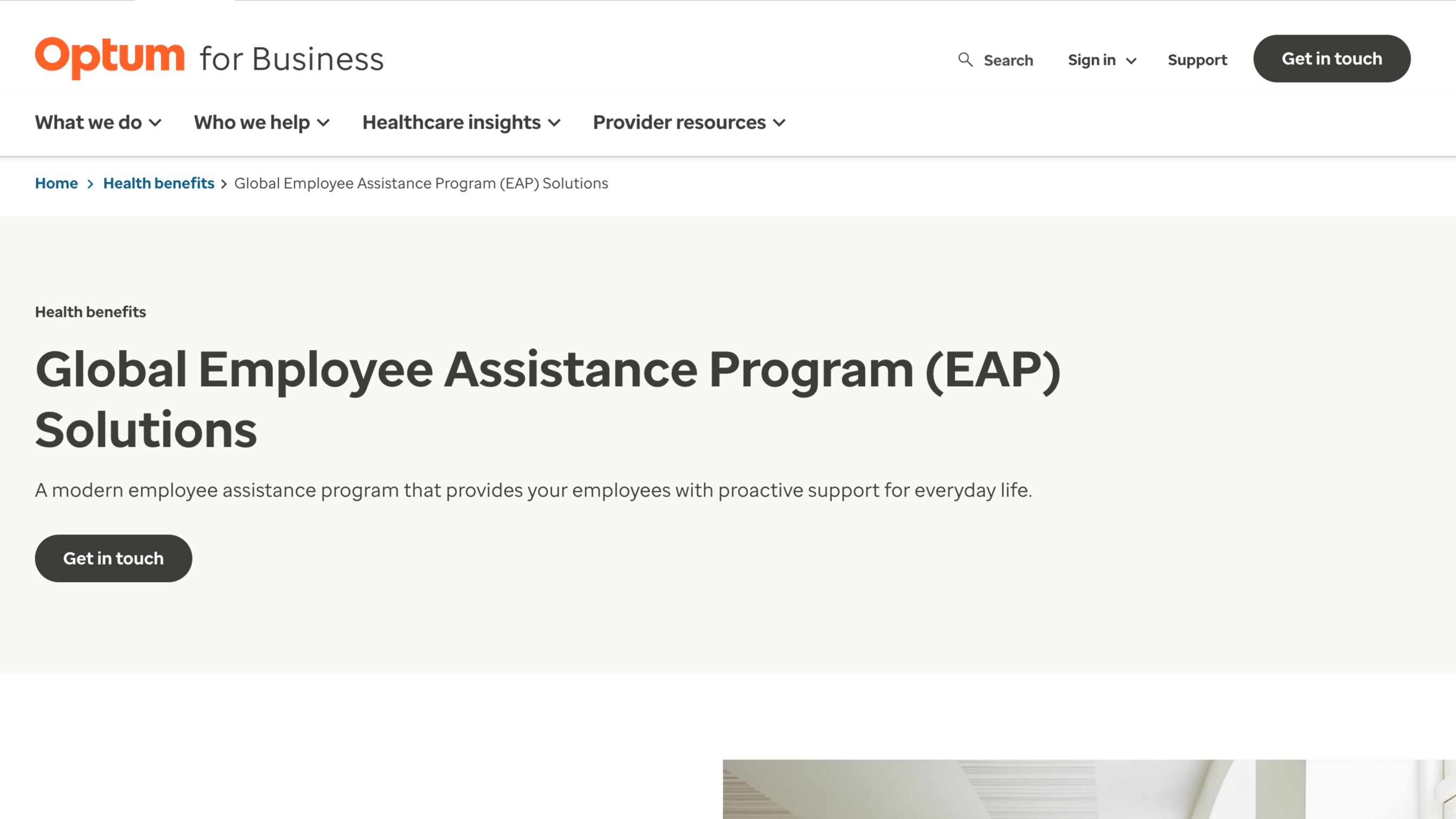 Optum	A clean, minimalist business page for Optum. Large bold heading reads "Global Employee Assistance Program (EAP) Solutions." It features a "Get in touch" button and a navigation menu for healthcare insights and provider resources.