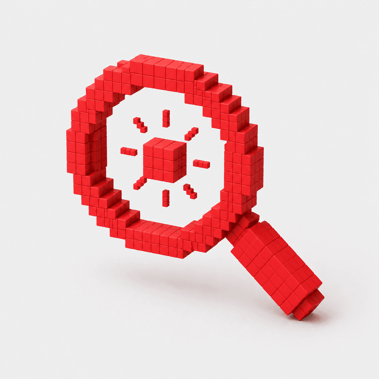 Red voxel magnifying glass focusing on a cube