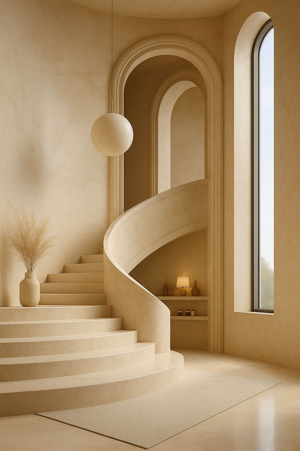 Beige stone interior with a sweeping curved staircase, tall arched windows, and minimalist decor.