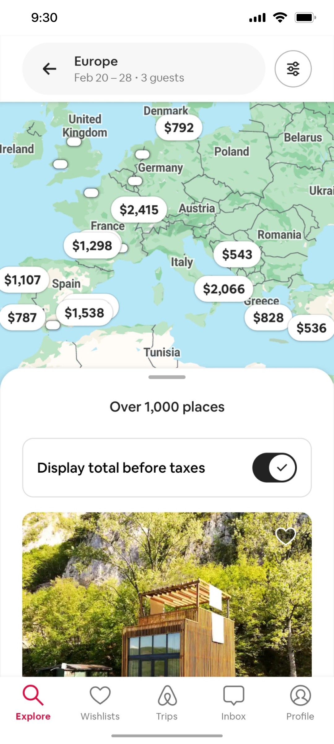 Airbnb Search results with taxes Screen