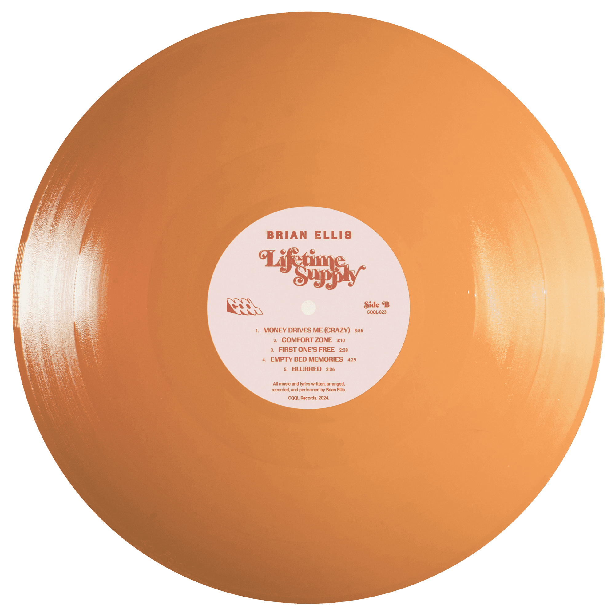 Peach-colored vinyl record with a label on a white background