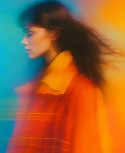 A woman in a red and yellow coat, captured in motion against a colorful backdrop.