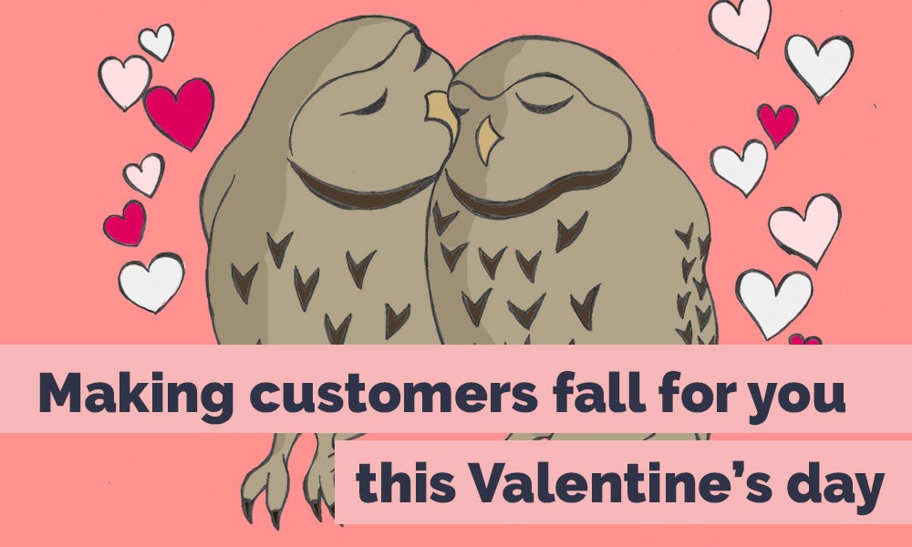 Illustration of two owls surrounded by hearts