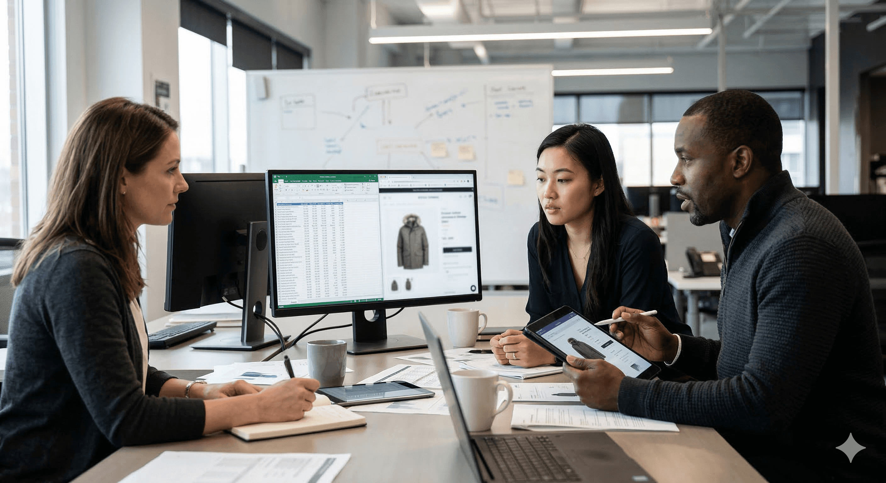 A diverse team of professionals in a modern office reviews apparel e-commerce analytics displayed on dual monitors, highlighting strategies for AI shopping optimization to enhance visibility in ChatGPT and Gemini.