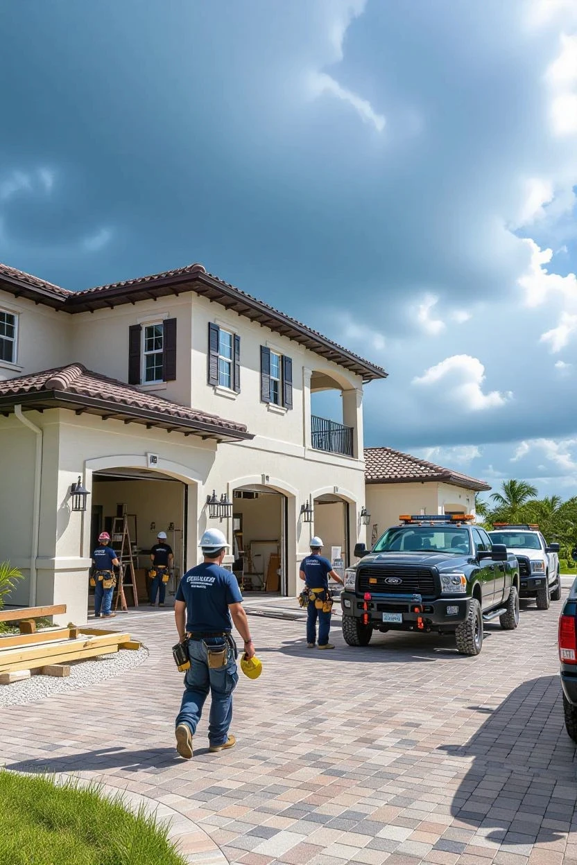 A team of construction professionals in uniforms, rapidly responding to a property in need, with multiple vehicles and tools on-site.