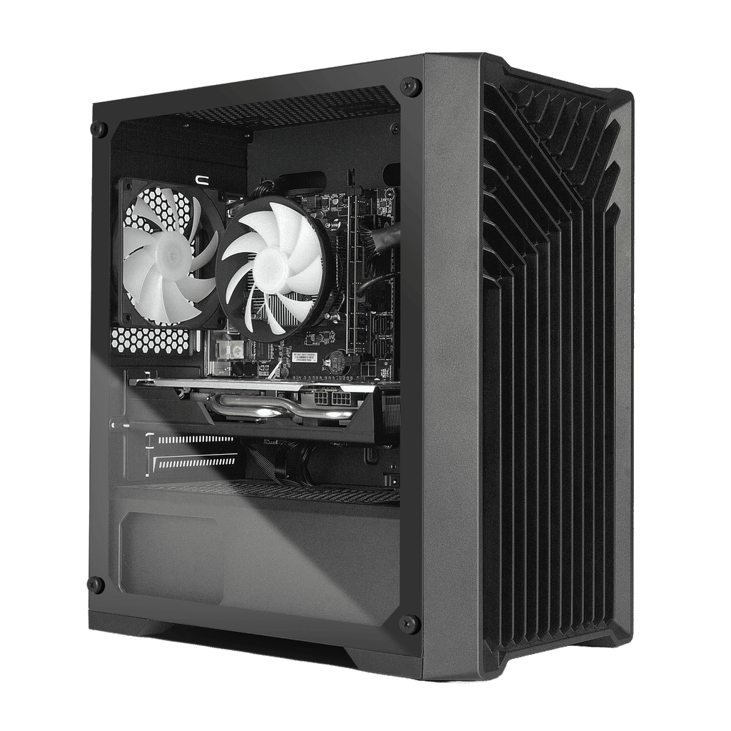 Black gaming PC case showcasing a modern design with an open side panel revealing internal components, including dual white cooling fans and a graphics card. Ideal for high-performance gaming builds and 2023 PC configurations.