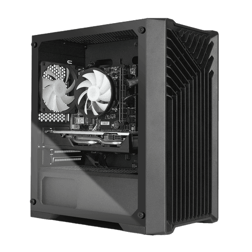 Compact black gaming PC featuring a sleek design with dual cooling fans visible through the side panel, optimized for top-tier performance. Ideal for custom gaming builds, including the best PC builds for 2023, with high-end components tailored for gaming enthusiasts. Perfect for budget gaming setups, modded gaming PCs, and users seeking the most popular gaming PC configurations. Designed for gaming finance options, top gaming performance, and next-day delivery, this tower gaming PC ensures optimal FPS and seamless gaming experiences.